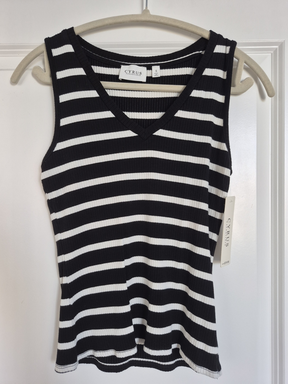 Cyrus Black & White Striped V-Neck Ribbed Tank
